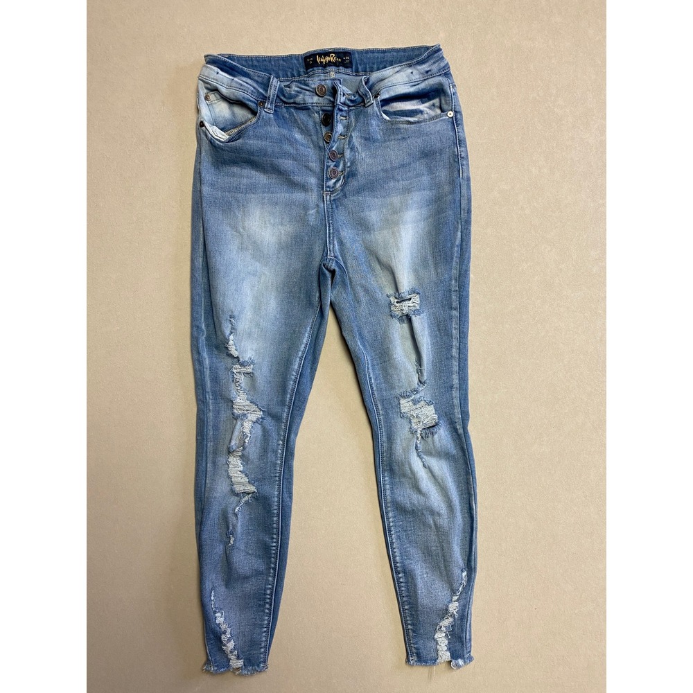 Indigo Rein Womens Distressed Skinny Jeans Light Wash Button Fly Size 13 W30 L27